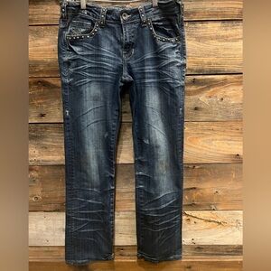 30x33 Tuff denim in a fun whispered pattern and turquoise detailed buttons!